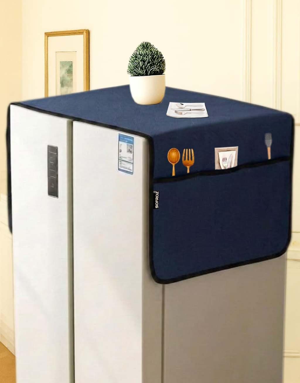 SOFROZ Refrigerator Double Door Waterproof, Dustproof, Protective Cover for Fridges with Extra Storage Space Nylon Top Cover with 6 Storage Pockets (170 x 65 cm) (Navy Blue)