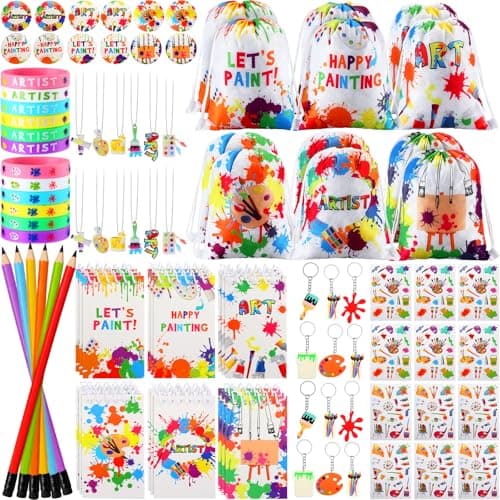 Jenaai 102 Pcs Art Paint Party Favor Supplies Set Gift Includes 12 Drawstring Backpacks 12 Bracelets 12 Badges 12 Keychains 18 Spiral Notepads 12 Pencils 12 Stickers 12 Necklaces