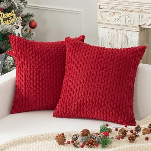Kevin Textile Valentines Pillow Covers Cushion Cases Throw Pillow Cover Stripe Pattern Decorative Soft Corduroy Cushion Covers Stripes for Living Room Set of 2 18x18 Inch Burgundy