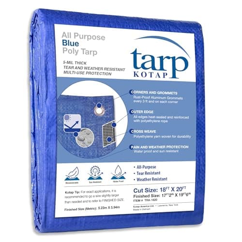 Kotap 18 x 20 Ft. All-Purpose Multi-Use Protection/Coverage 5-mil Poly Tarp, Waterproof, Blue, (TRA-1820)