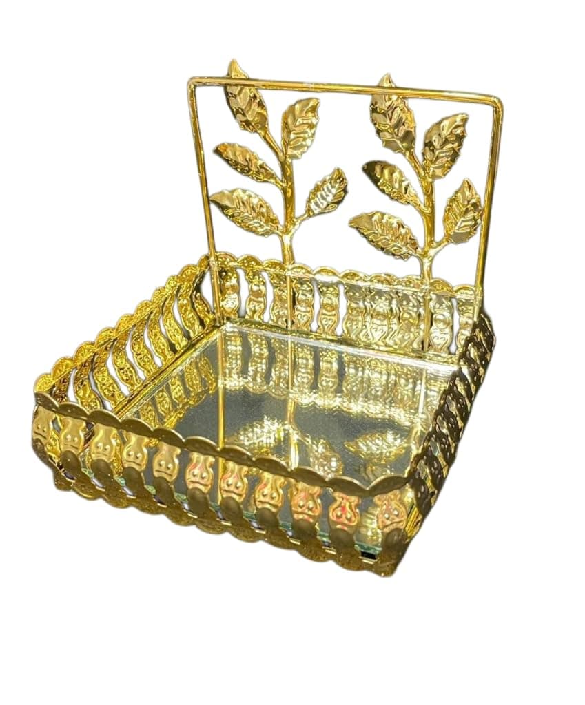 Ditya Crafts Beautiful Designer Flower Leaf Shape Golden Metal Mirror Base Square Tray 4 Set of 2 Elegant Decorative Trays for Home Decor Diwali Decorations Parties Gifts