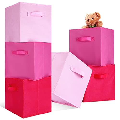 Karenhi 11" x 10. 5" x 10. 5" Pink Storage Cube, 6 Pack Fabric Cube Storage Bins Organizer Box, Collapsible Baskets with Handles Foldable Shelf for Cloth Toys Home Room Closet, Pack of 6