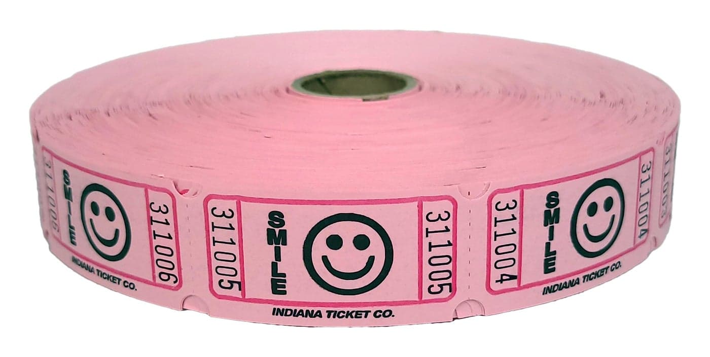 INDIANA TICKET CO. 2000 Raffle Tickets, Smile, Pink, Single Roll, Tickets for Events, Entry, Classroom Reward, Fundraiser & Prizes (1 of 8 Colors)
