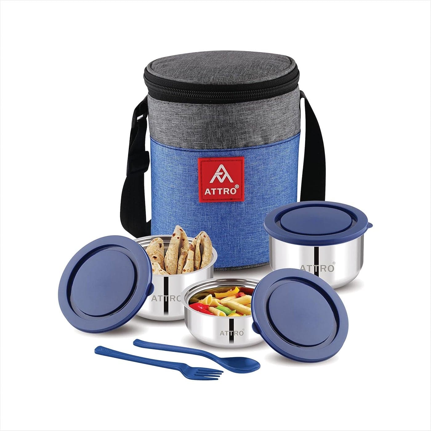 Attro Fresho Stainless Steel Double Wall Lunch Box Airtight Leak Proof 3 Containers with Bag Fork Spoon for Office Use School Picnic 800 ml Dark Blue