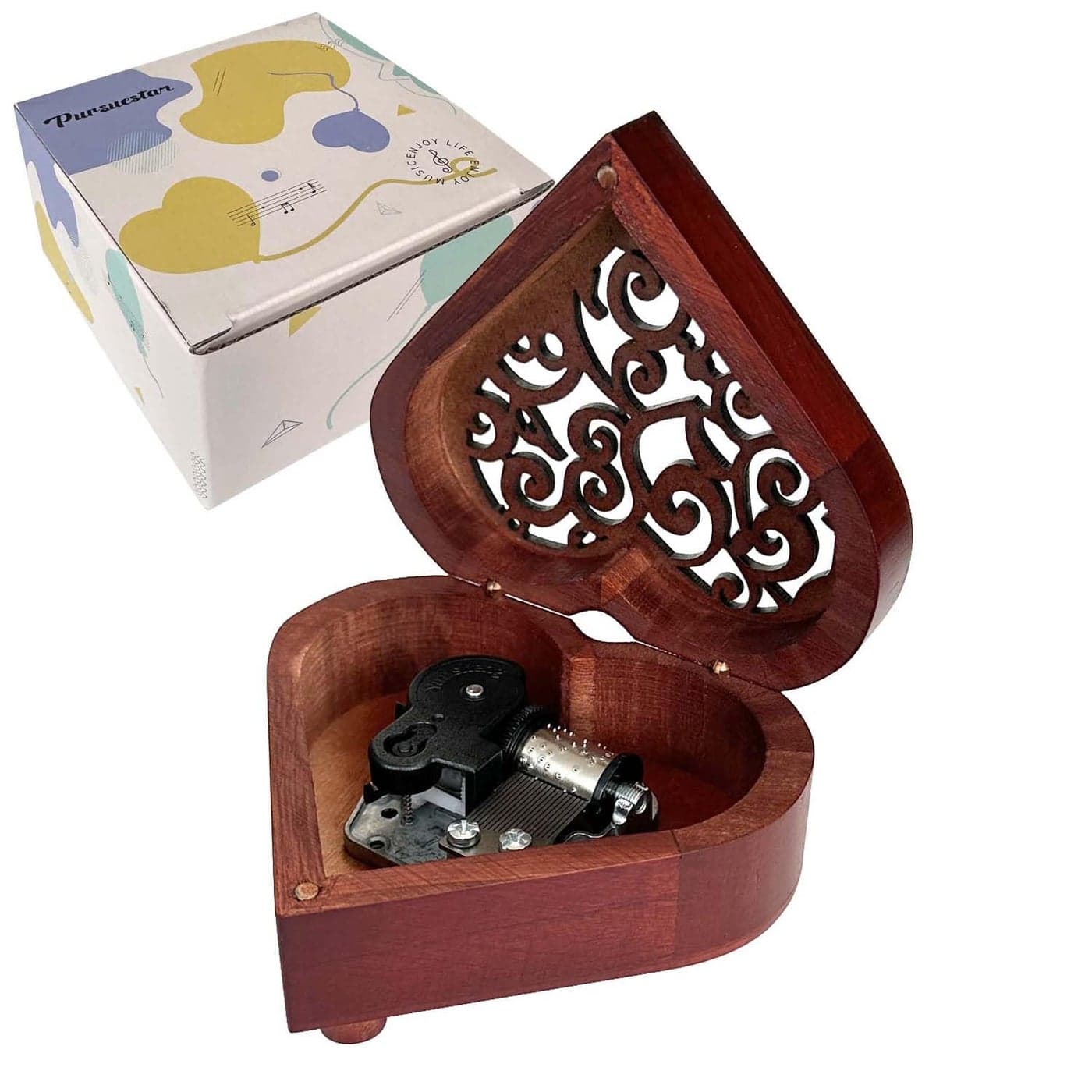 Pursuestar You are My Sunshine Wind Up Music Box Heart Shaped Vintage Wood Carved Mechanism Musical Gift for Lover Girlfriend Wife Husband Valentines Day Mothers Day Christmas Anniversary