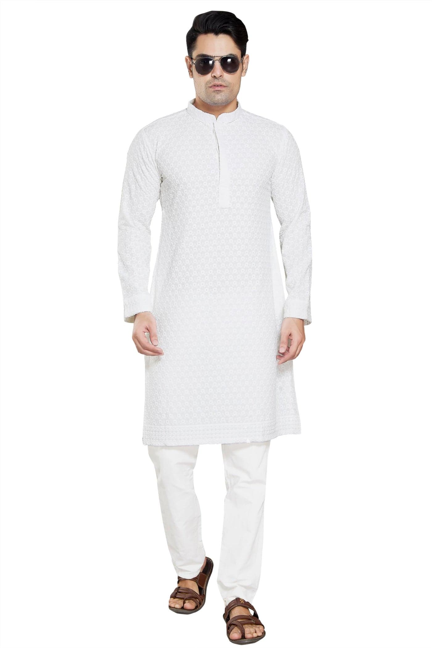 DIVISIVE Men's Sequince Embroidered Cotton Blend Slim Fit Kurta Pyjama Set (DKRT36_M_White)