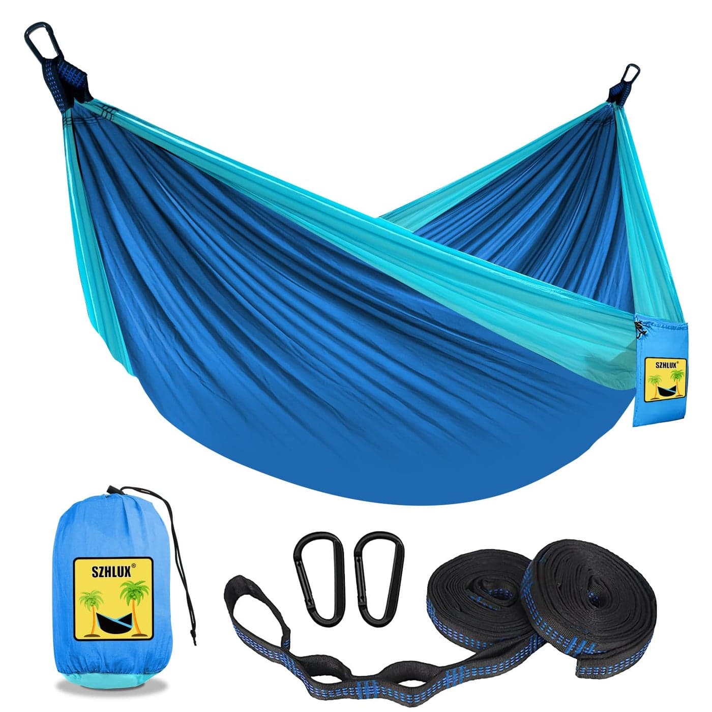SZHLUX Camping Hammock Double Single Portable Hammocks with 2 Tree Straps Great for HikingBackpackingHuntingOutdoorBeachCampingDark Blue Sky Blue