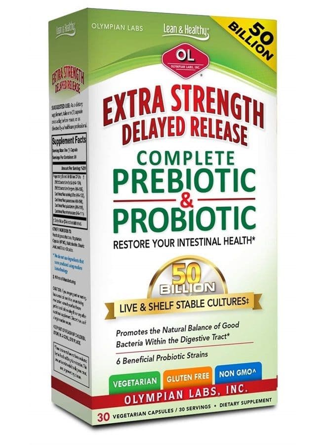 Extra Strength Complete Prebiotic and Probiotic Supplement - 50 Billion Live Shelf Stable Cultures - 30 Vegetarian Capsules