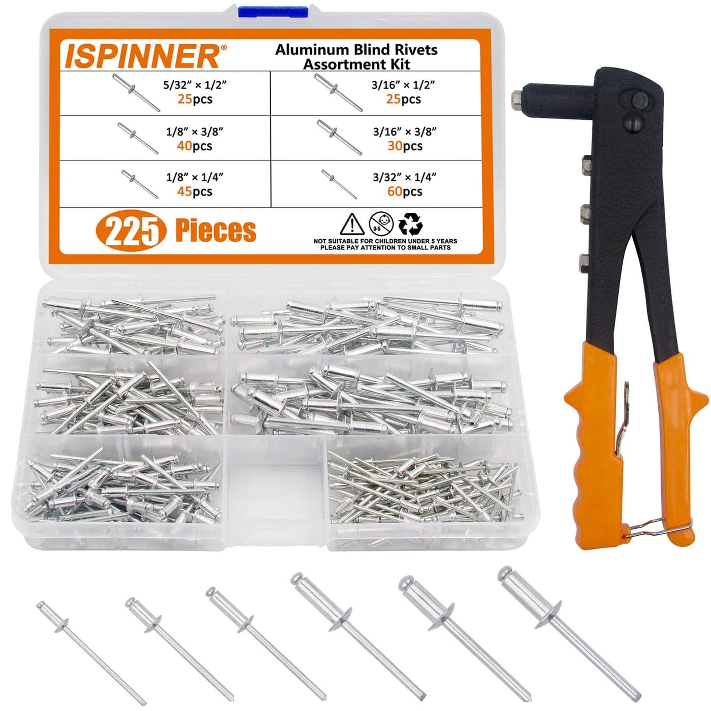 ISPINNER 225pcs Aluminum Blind Rivets Assortment Kit with Heavy Duty Hand Riveter Rivet Gun Tool 6 Sizes Pop Rivets