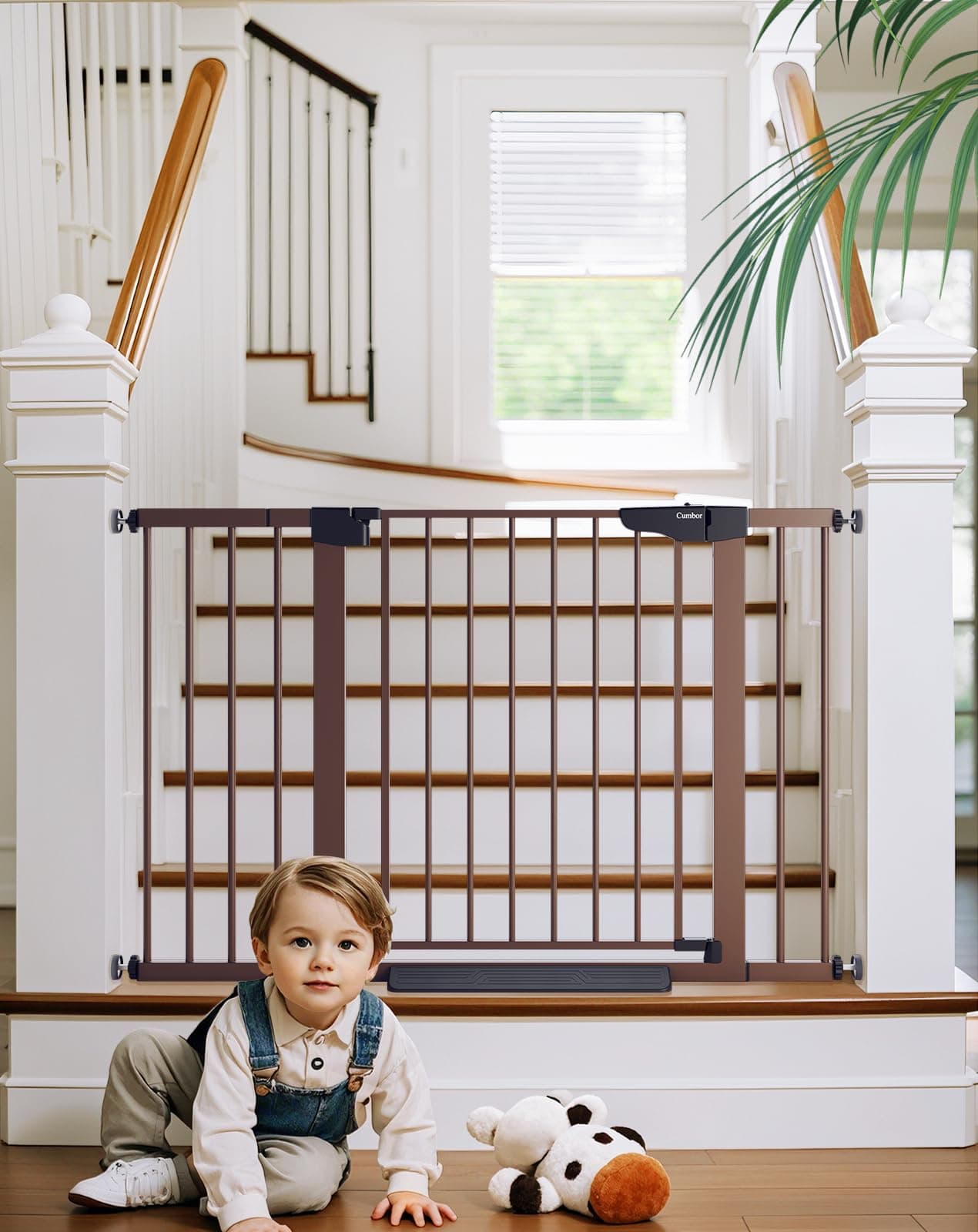 Cumbor 29748 Baby Gate for Stairs Moms Choice Awards WinnerDog Gate for Doorways Auto Close Safety Pet Gate for Dogs Indoor Easy Install Pressure Mounted Child Gate with Walk Thru Door Brown