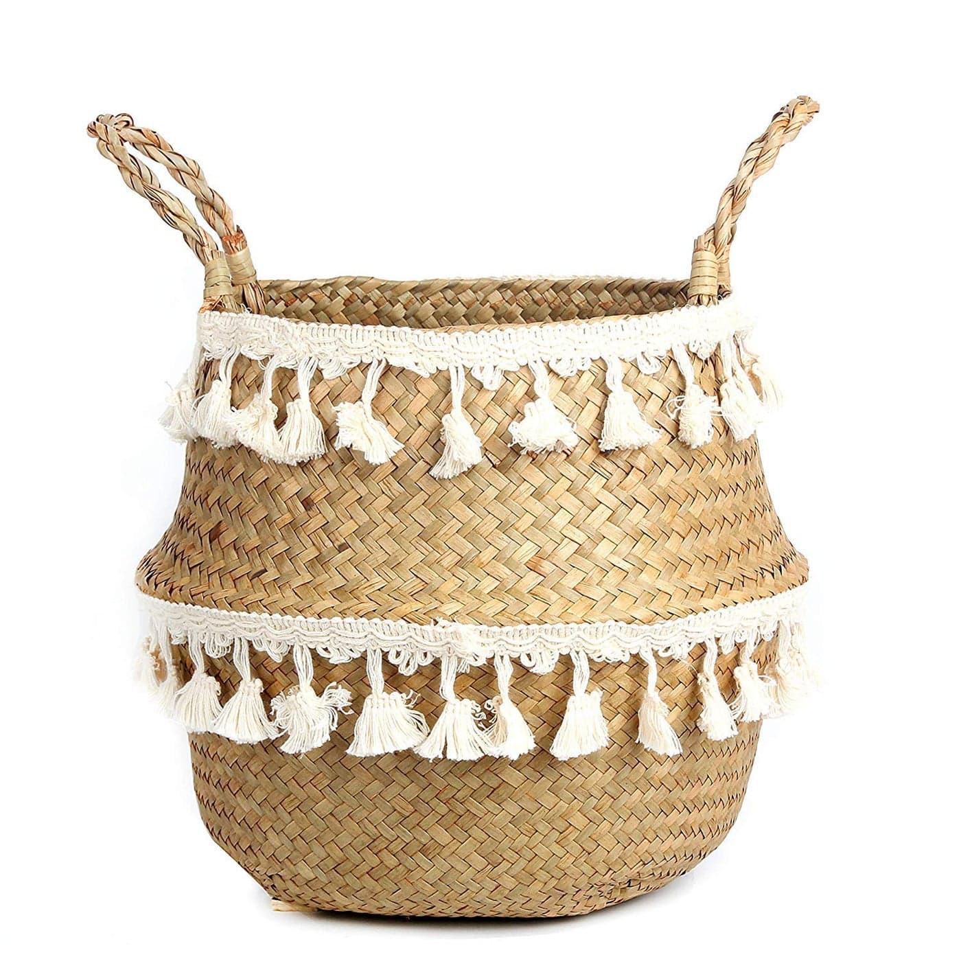 BlueMake Tassel Macrame Woven Seagrass Belly Basket for Storage Decoration Laundry Picnic Plant Basin Cover Groceries and Toy Storage Large Tassel