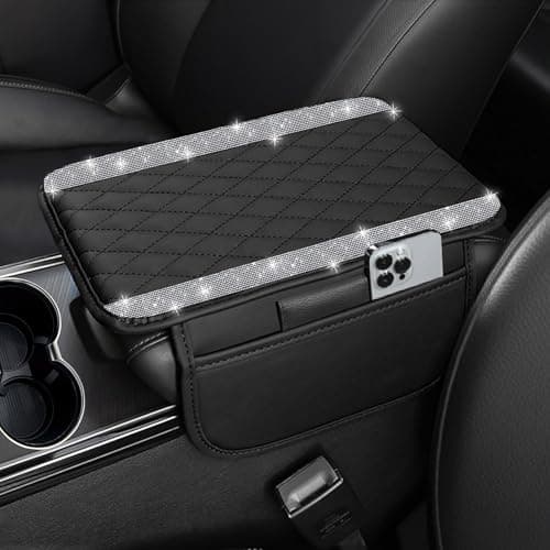 NBTEPEM Bling Car Center Console Cover Leather Car Arm Rest Cover Cushion with 2 Storage Bags Universal Auto Armrest Protector Storage Box Bling Accessories Interior for Most Vehicles Silver