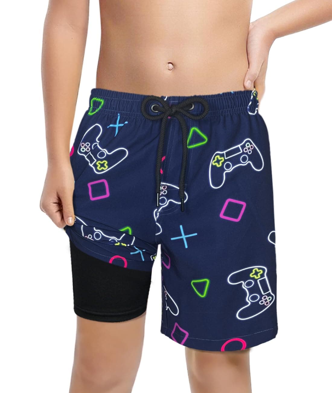 LUCOWEE Boys Swim Trunks Compression Soft Underweasr Lined Anti Chafe Swimming Shorts Bathing Lakewear Sandless Stretchy Functional Drawstring Light Weight Quick Dry UPF 50+ Gamepad Size 14-16