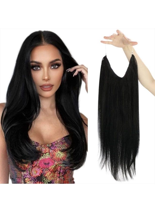 Sunny Invisible Wire Hair Extensions Jet Black Fishing Wire Hair Extensions Real Human Hair Transparent Line Hairpiece Black Hidden Wire Hair Extensions Real Human Hair 80g 18inch