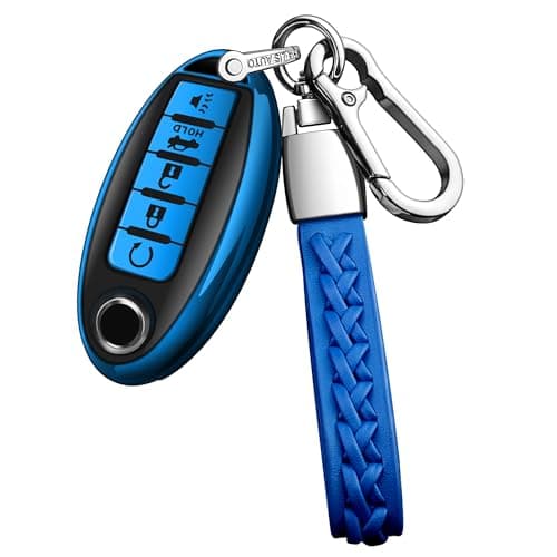 Autophone for Nissan Key Fob Cover with Leather Keychain Soft TPU Protection Key Case for Altima Sentra Rogue Pathfinder Murano Armada Maxima Versa Smart Key Blue 5 Buttons