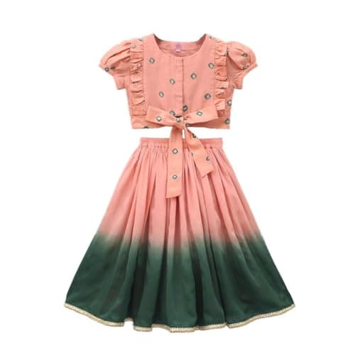 GORLYA Rayon Girl's Readymade Lehenga Choli Set (LC-AR-1001_Green-Peach_5 6 Years)