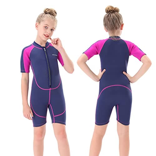 Seaskin Kids Wetsuit for Girls Toddlers, 2mm Front Zipper Shorty Wetsuits, Neoprene Thermal Swimsuits for Diving Surfing Swim Lessons Size 6