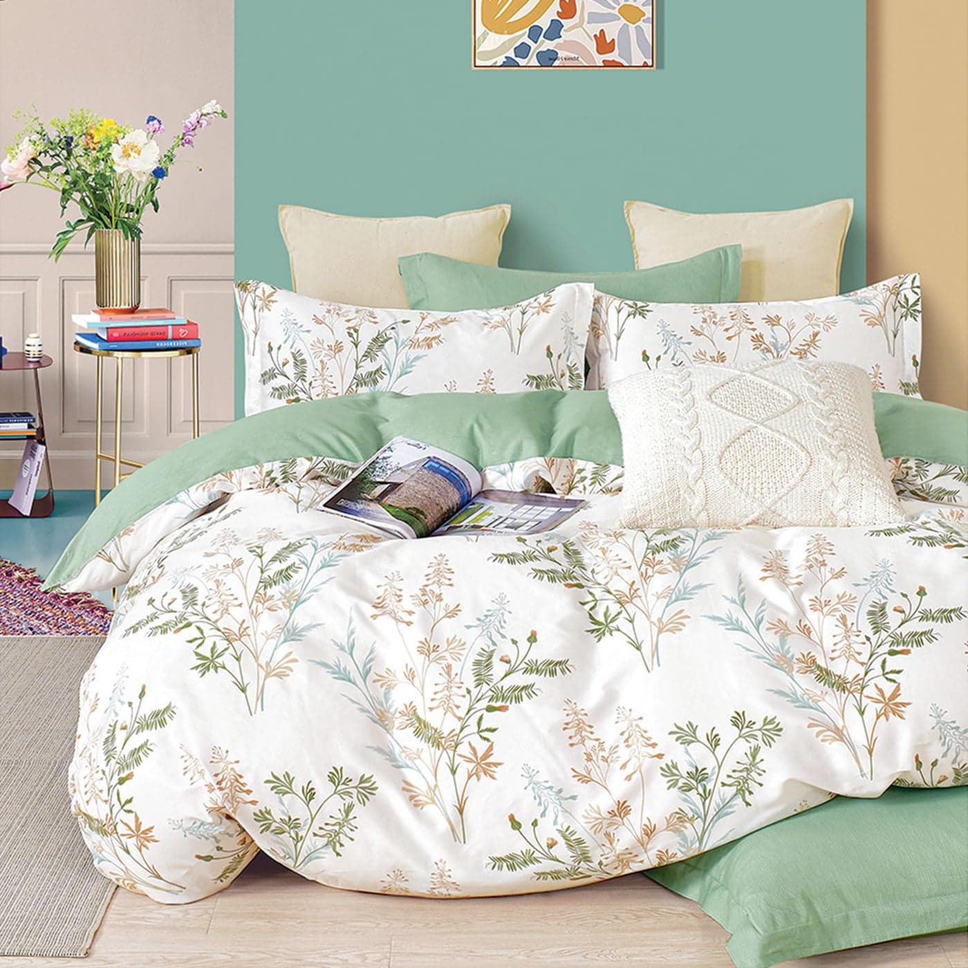 ALEISSEL Natural Cotton 3pcs Botanical Comforter Sets King SizeGreen Comforter with Luxurious Tan Gray Leaves on White Reversible Lightweight Floral Bedding SetsKing 10490