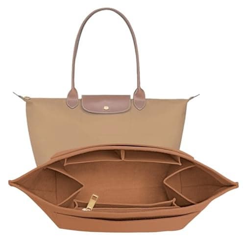 LOUKAYCCI Purse Organizer Insert for Longchamp Le Pliage M Handbag Insert Felt Long Champ Tote Bag Organizer Insert with Cup EarthColor Medium