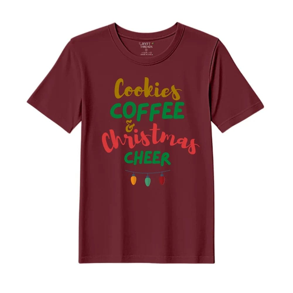 BYFT Threads XXL Pomegranate Polycotton T-Shirt - Christmas "Cookies Christmas Cheer" Printed Design, Premium Holiday Collection