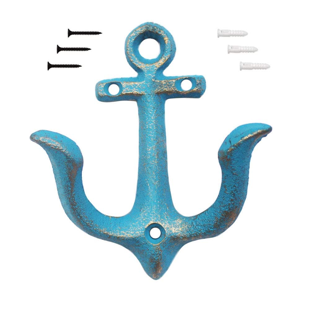 KiaoTime Blue Vintage Rustic Cast Iron Nautical Anchor Design Wall Hooks Coat Hooks Rack Decorative Wall Mounted Antique Shabby Chic Metal Home Bathroom Towel Coat Hooks Hanger