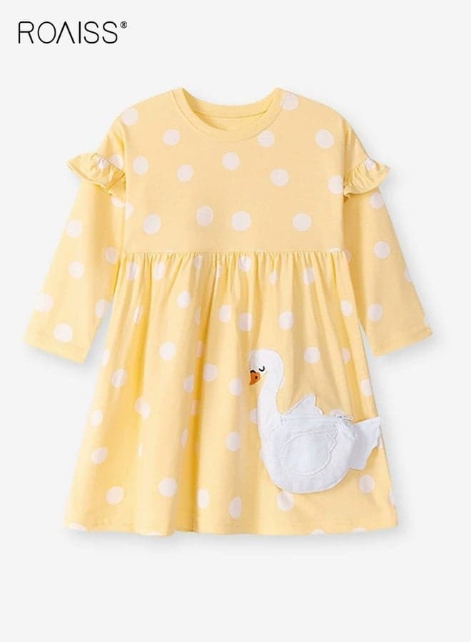 Girls Stylish Dress, Long Sleeve Round Neck A-line Dress, Polka Dots Cotton Dress for Girls, Fancy Frock with Cartoon Pattern, Suitable for Daily Wear and Outdoor Activities