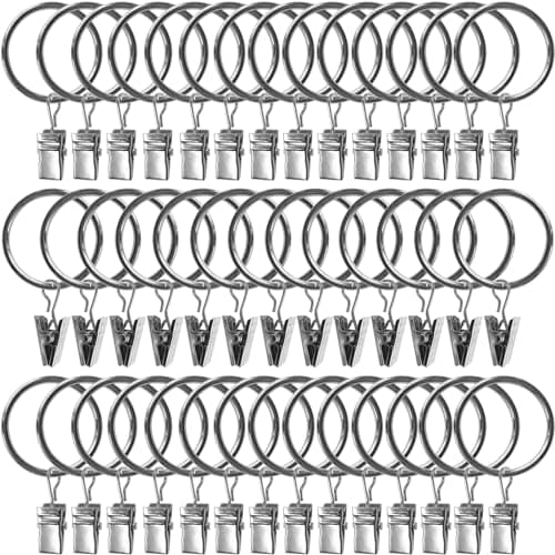 AMZSEVEN 40 Pack Curtain Rings with Clips, Drapery Clips with Rings, Drapes Rings 1.26 in Interior Diameter, Fits up to 1 Inch Curtain Rod, Silver