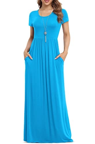 VIISHOW Women's Short Sleeve Loose Plain Maxi Dresses Casual Long Dresses with Pockets (X-Large, Nile Blue)