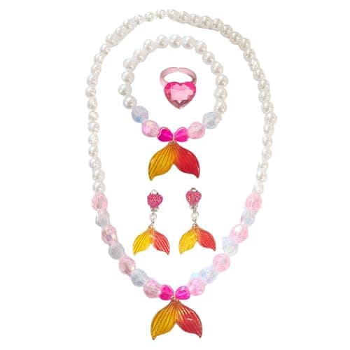 MONKEYTAIL Orange Mermaid Jewellery Kit for Kids Girls | Set of 1| Princess Jewelry Set with Pearl Beads Necklace, Bracelet, Earrings & Ring | Dress-Up Costume Accessories Gift
