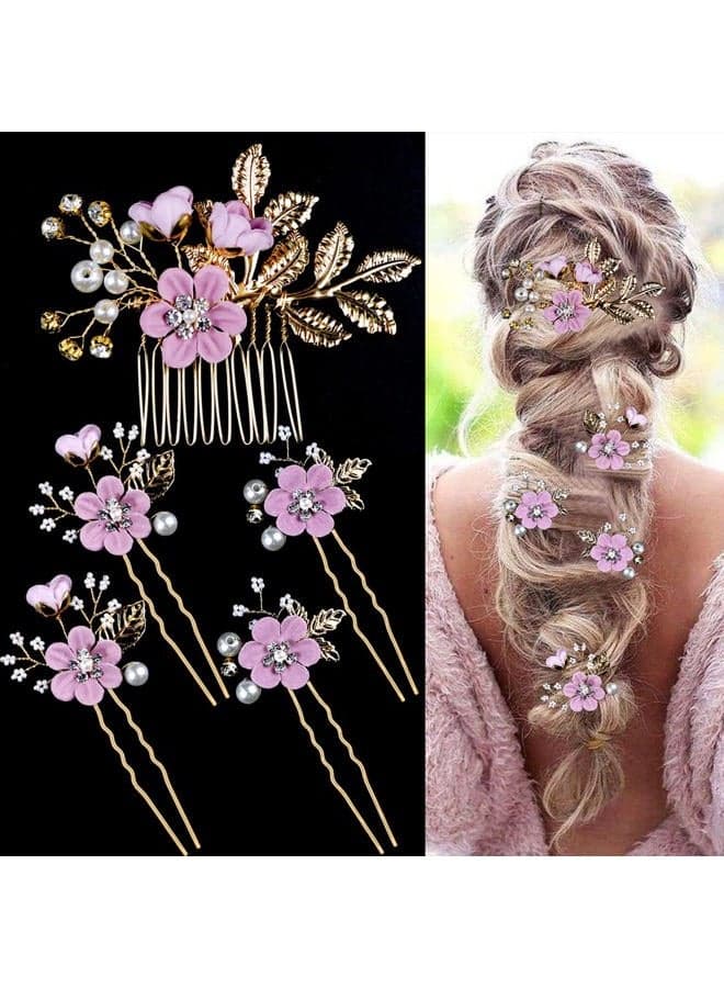 5 PCS Bridal Flower Wedding Hair Pins Crystal Pearl Hair Clips Headpiece Gold Wedding Hair Accessories Jewelry with Rhinestone for Brides Bridesmaids Women Girls Updo, Romantic Lilac Purple