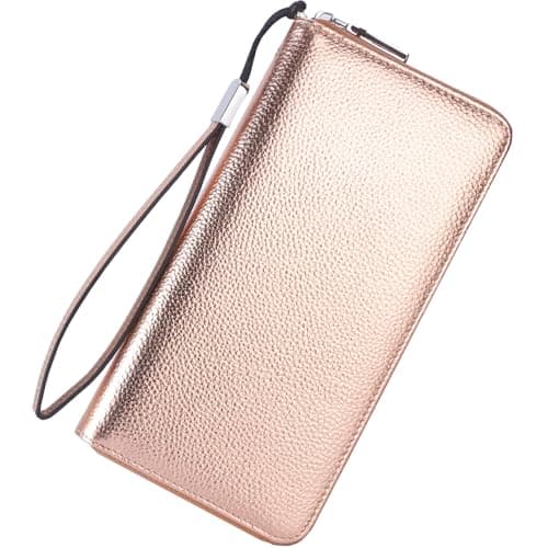 Lavemi Women's RFID Blocking 100% Leather Large Capacity Zip Around Wallet Phone Holder Clutch Travel Purse Wristlet(Large Size Pebbled Champagne Gold)
