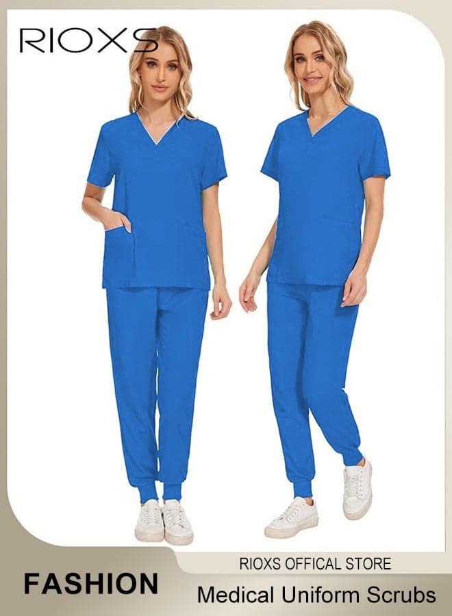 Unisex Medical Uniform Scrubs Women And Men Scrubs Set Medical Scrubs Short Sleeve Top And Pants, Soft Blue Stretch V-Neck Top, Hospital Nurse Scrubs Set, Dentist Clinic Uniform Unisex, Pharmacy Technician Workwear