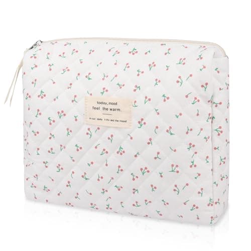 Floral Makeup Bag, Small Cosmetic Bag for Women Girls, Cute Cotton Makeup Bag, Quilted Makeup Bags, Flower Travel Toiletry Organizer Bag(White Cherry)