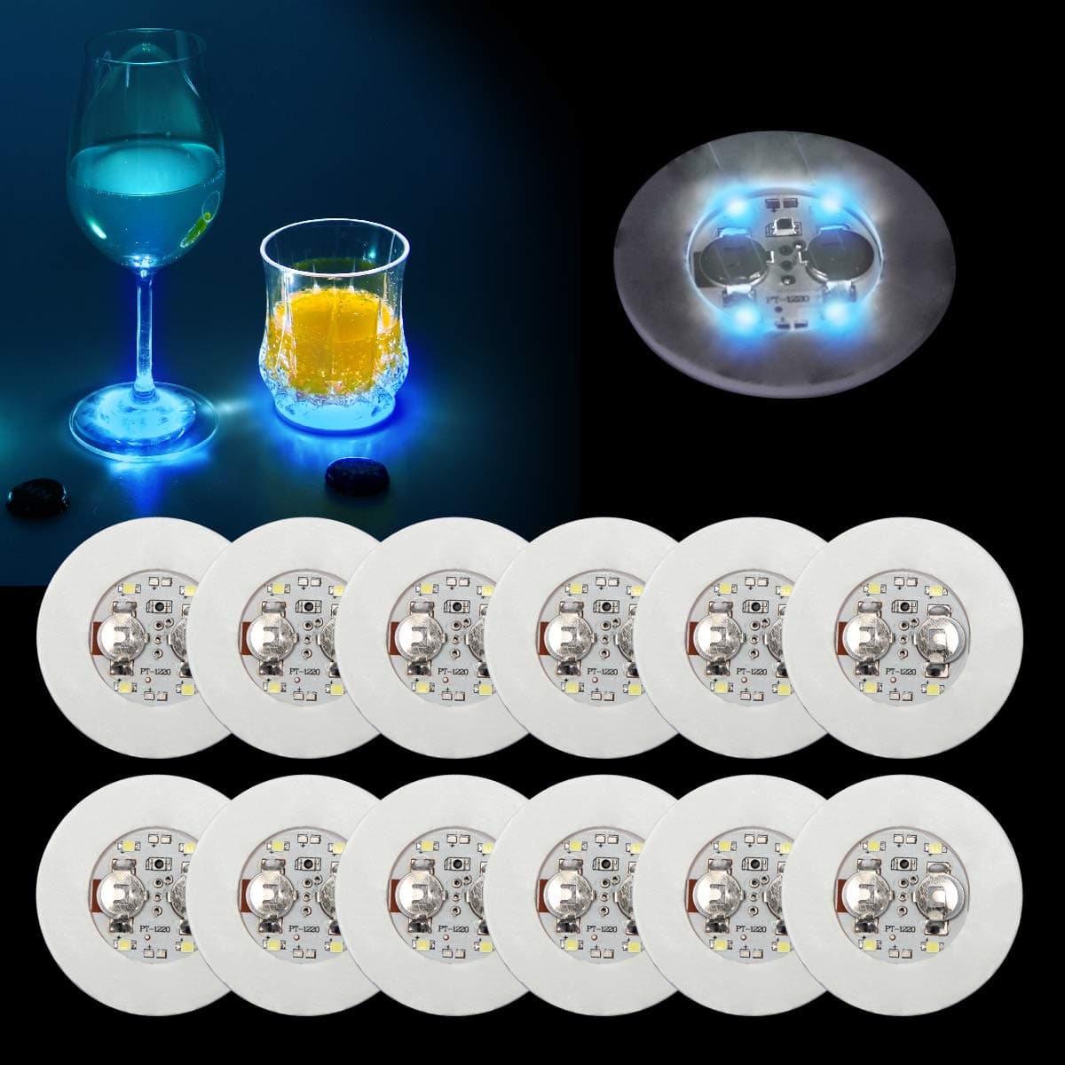 Ahier 12 Pcs LED Coasters for Drinks Blue Light Led Bar Coaster Bottle Light Sticker Perfect for Party Wedding Bar Blue