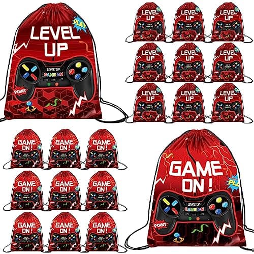 Eccliy 20 Pcs Video Game Party Favor Bags Gamer Birthday Party Drawstring Bags for Kids Boys Girls 12 x 10 Inch Gaming Goodie Treat for Game on Theme Decorations Supplies(Red,Lively Style)