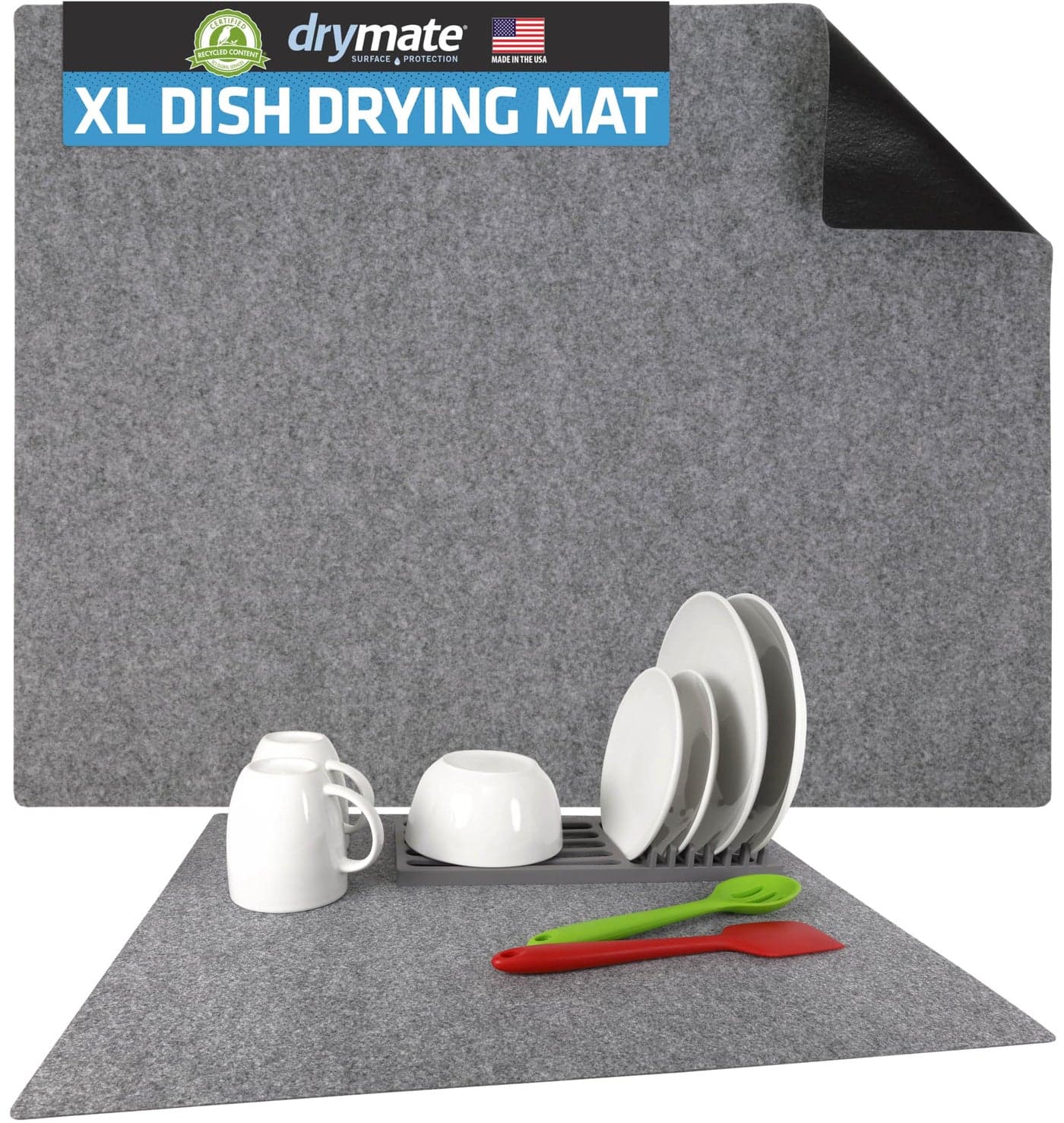 Drymate XL Dish Drying Mat Oversized 19x24 LowProfile Super Absorbent Quick Dry Fabric Waterproof SlipResistant for Kitchen Counter Trimmable Easy to Clean USA MadeLight Grey
