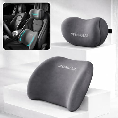 SteerGear Car Neck Rest Pillow & Lumbar Support Pillow - 100% Memory Foam Ultra Soft Car Seat Cushions | Relieves Neck & Back Pain While Reducing Driving Fatigue (Grey)
