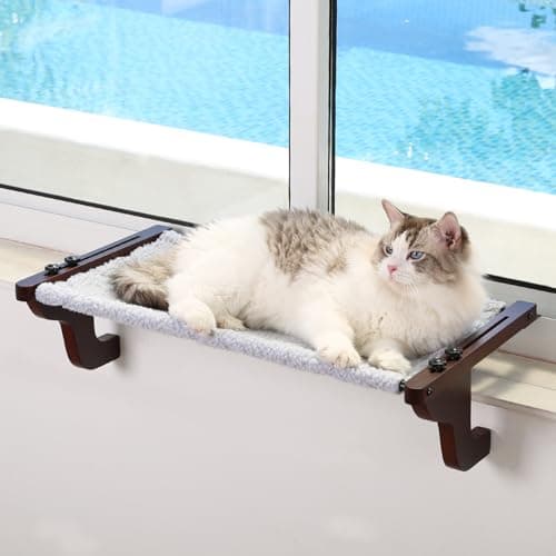 Zakkart Easy Seat Cat Perch for Window Sill Hammock Design wPremium Wood Robust Metal Frame Cat Window Seat for Large Cats and Kittens Dark Stained Wood wGray Bed Large 26W x 14D