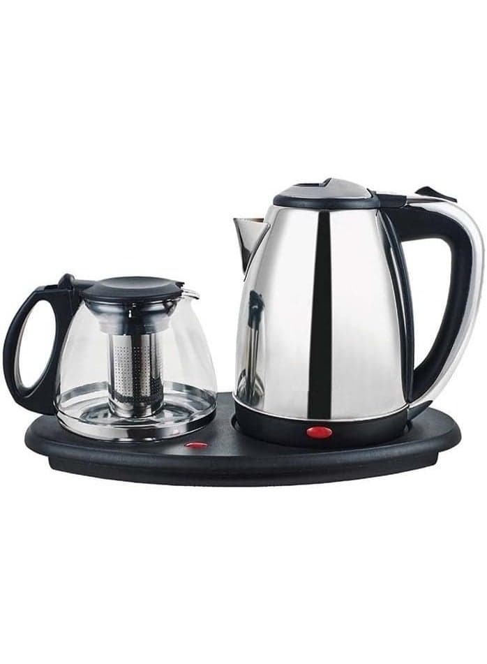 Electric Stainless Steel Tea Kettle And Glass Teapot Combination Set 1800W Powerful Heating With 2.0L Capacity Portable Serving Base Durable Construction Comfortable Grip Handle Ideal For Families And Tea Lovers