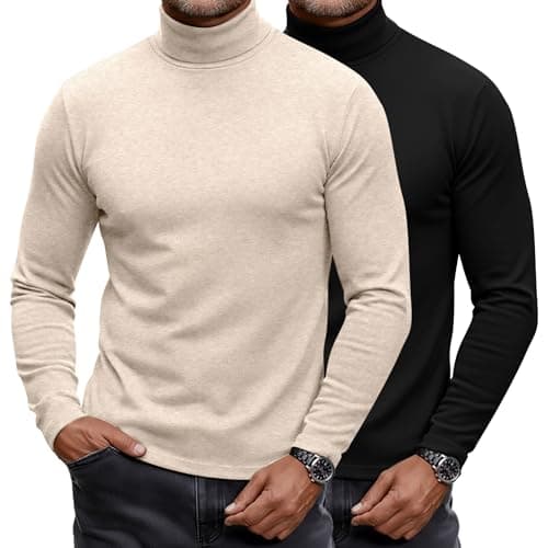 Ficerd 2 Pack Men's Turtle Neck Shirts, Lightweight Cotton Pullover Sweater Slim Fit Mock Turtleneck Knitted Long Sleeve Tops (Black, Apricot,X-Large)