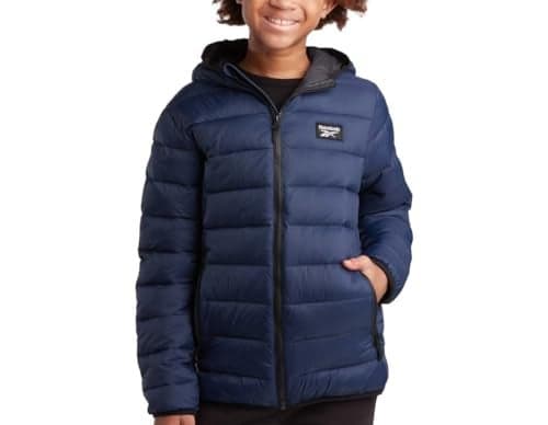Reebok Boys Winter Coat - Lightweight Insulated Puffer Jacket - Wind & Water Resistant Quilted Hooded Winter Jacket for Boys, Size 18-20, Navy