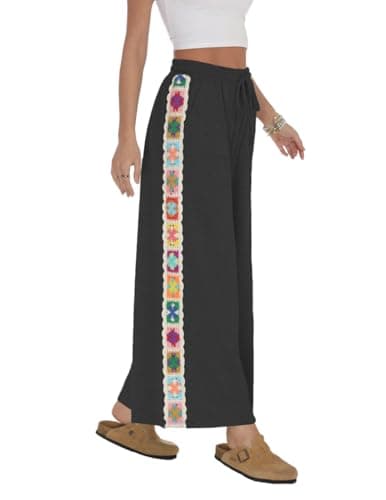 Fenclushy Womens Wide Leg Pants Stretch Casual Drawstring Waist Pants Loose Lounge Sweatpants Crochet Panel Pants with Pockets(Dark Grey,L)