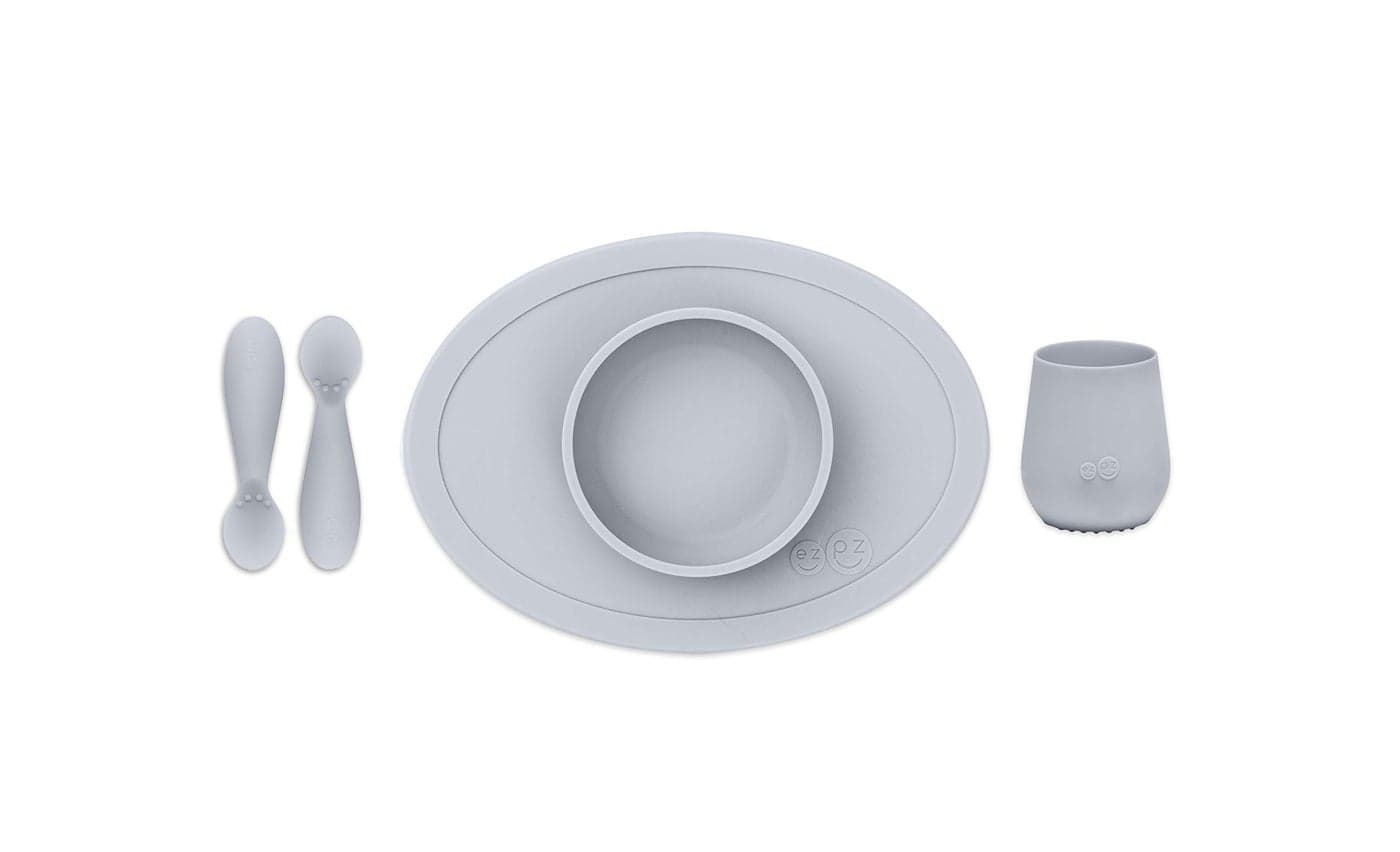 ezpz First Food Set - 100% Food Grade Silicone Suction Bowl with Built-in Placemat, Training Cup & Spoon - Designed by a Pediatric Feeding Specialist - Promotes Self Feeding - 6 Months+ (Pewter)