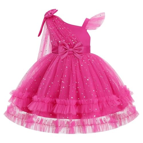 OBEEII Christening Pageant Dress for Toddler Baby Girl Sequins Star Bowknot Princess Wedding Flower Girl Dress Birthday Party Photoshoot Fairy Formal Ball Gown Hot Pink 9-12 Months