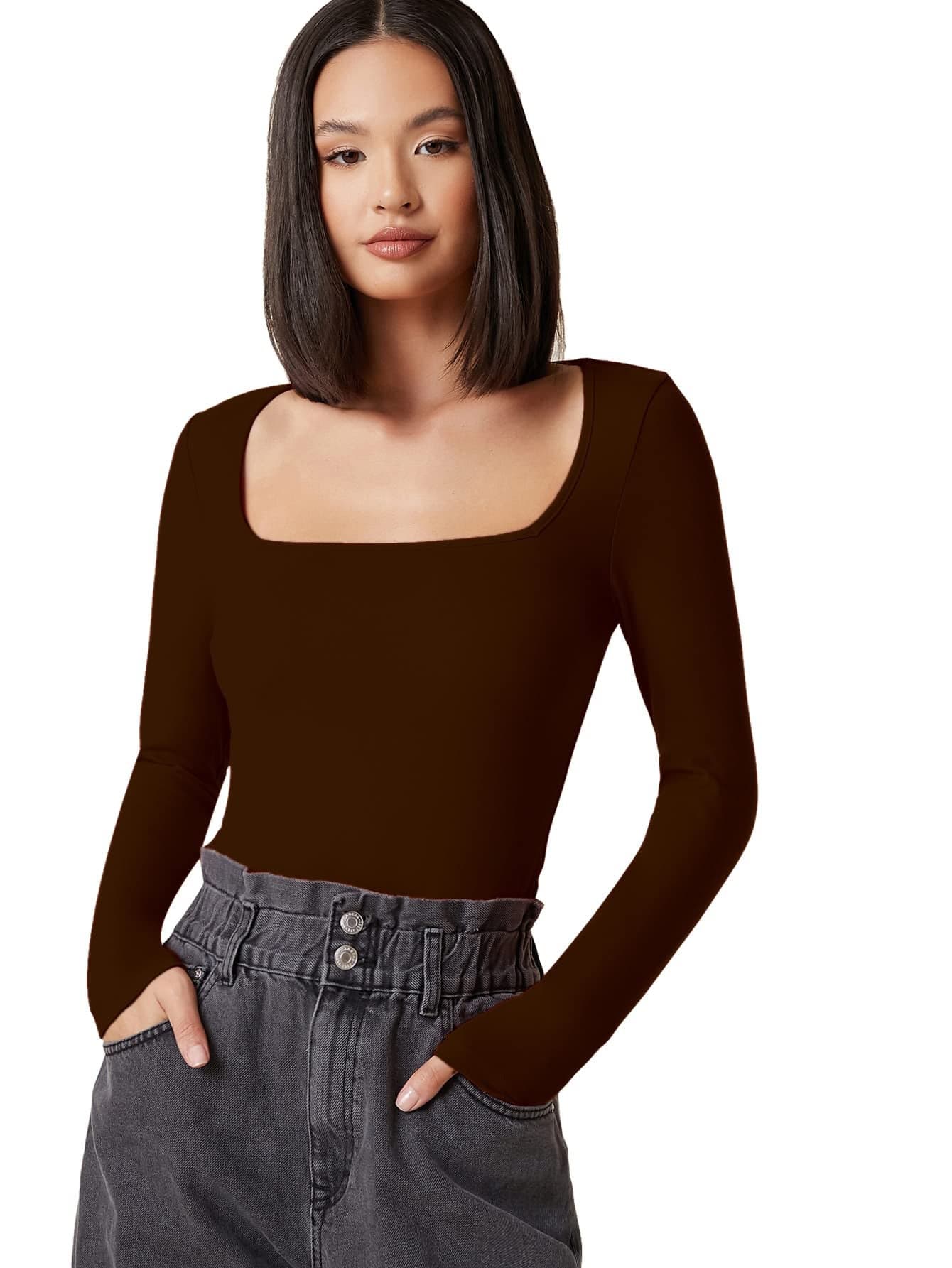 Aahwan Polyester Brown Solid Square Neck Long Sleeve Slim Fit Top/T-Shirt For Women's & Girls' (157-Brown-Large)