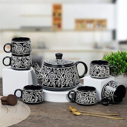CRAF10 Ceramic Hand Painted with Brush Black Desire Tea Morning Set - 1 Kettle (1 Litre) & 6 Cups (160 ML) | Microwave & Dishwasher Safe | Teapot | Tea Sets with Kettle for Gifting