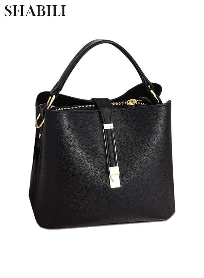 Women's PU Shoulder Bag Crossbody Sling Tote Satchel, Ladies Large-Capacity Multi-Pocket Bucket-Style Cross Bags with Detachable Patterned Strap for Teenager Youth Daily Casual Party Travel (Black)