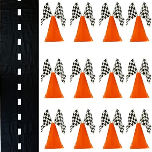 4Es Novelty 38 Pieces Set 12 Traffic Cones With Hole on Top 24 Checkered Flags Racetrack Floor Runner for For Race Car Birthday Party Supplies Table Centerpiece Decorations Kids Gift