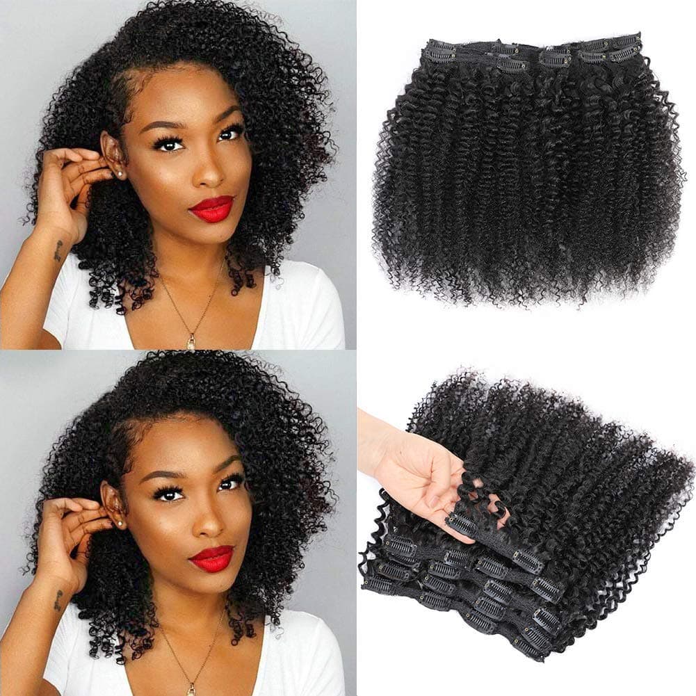 Kinky Curly Clip In Hair Extensions for Black Women Human Hair Urbeauty 14 inch Curly Clip in Human Hair Extensions 3C4A Afro Coily Hair Clip Ins for African American Black Women