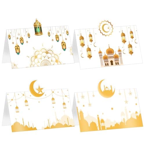 Auch Eid Place Cards - 40pcs Eid Mubarak Table Tent Cards Set Folded Ramadan Name Card for Eid Al-Fitr & Eid Al-Adha Dinner, Iftar Party Table Decorations, Buffet & Food Labelsr 4 Designs (White)